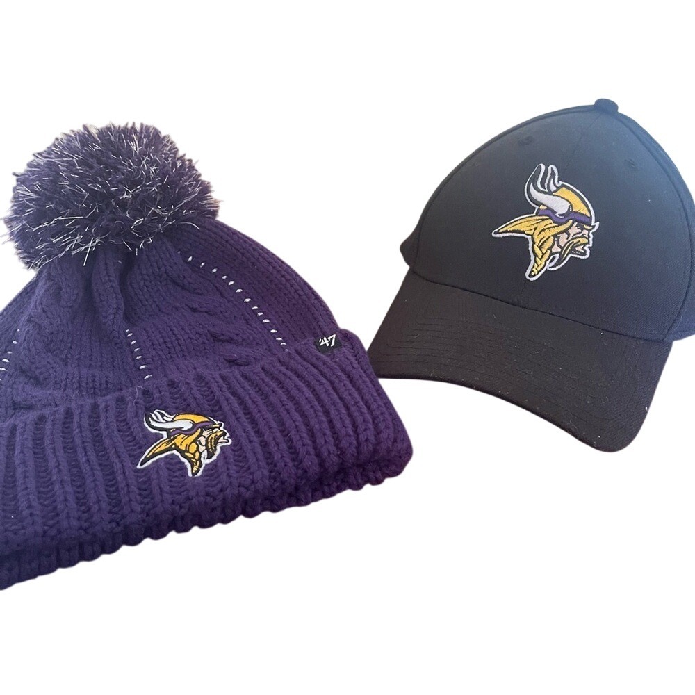 Minnesota Vikings Hat Set 47 Brand Purple Cable Knit Pom Beanie & Black Ball Cap